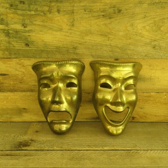 Vintage Brass Tragedy and Comedy Theatre Masks Wall Decor Made in India - Picture 1 of 10